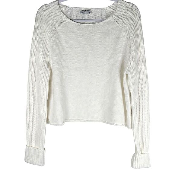 Frame White Cotton Knit Round Neck Boxy Pullover Sweater Women’s Size Medium - Picture 1 of 6